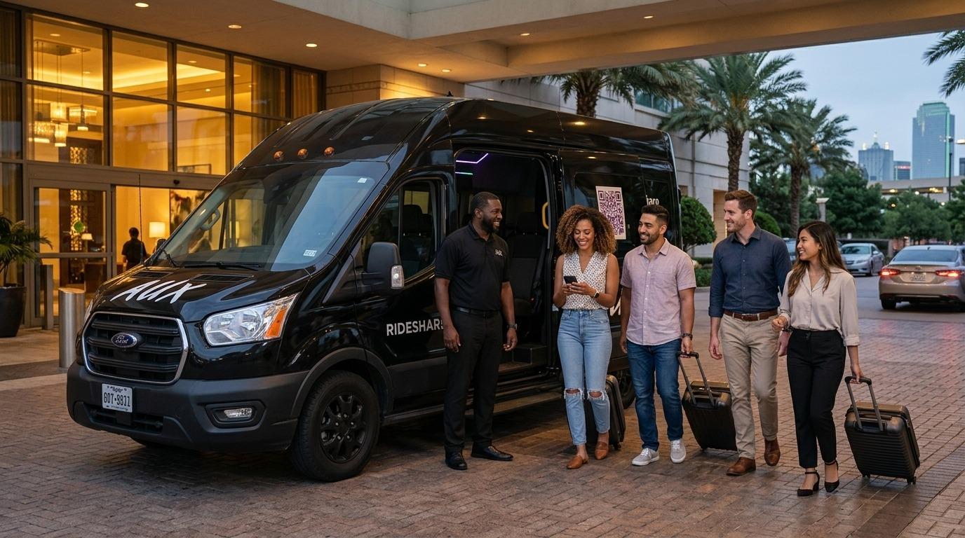 AUX Rideshare professional corporate group arrival at upscale hotel venue with luxury van and chauffeur