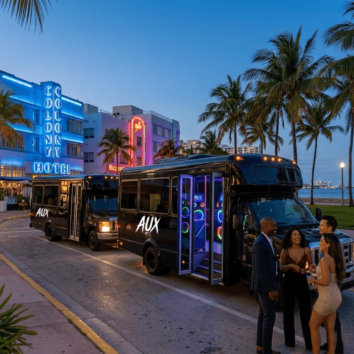 AUX group celebration and party bus vibe in Miami