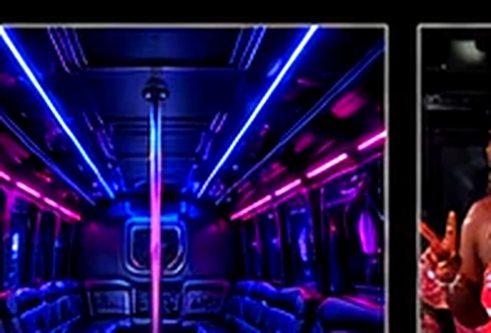 Vibrant lighting inside an AUX party bus interior
