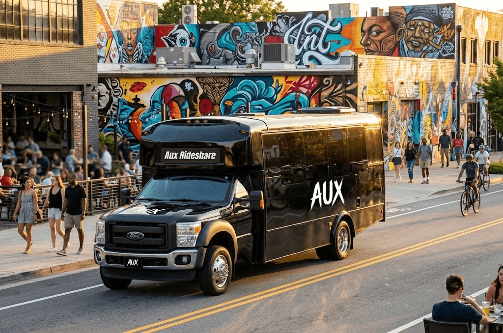 AUX Rideshare Atlanta party bus touring local hotspots and BeltLine