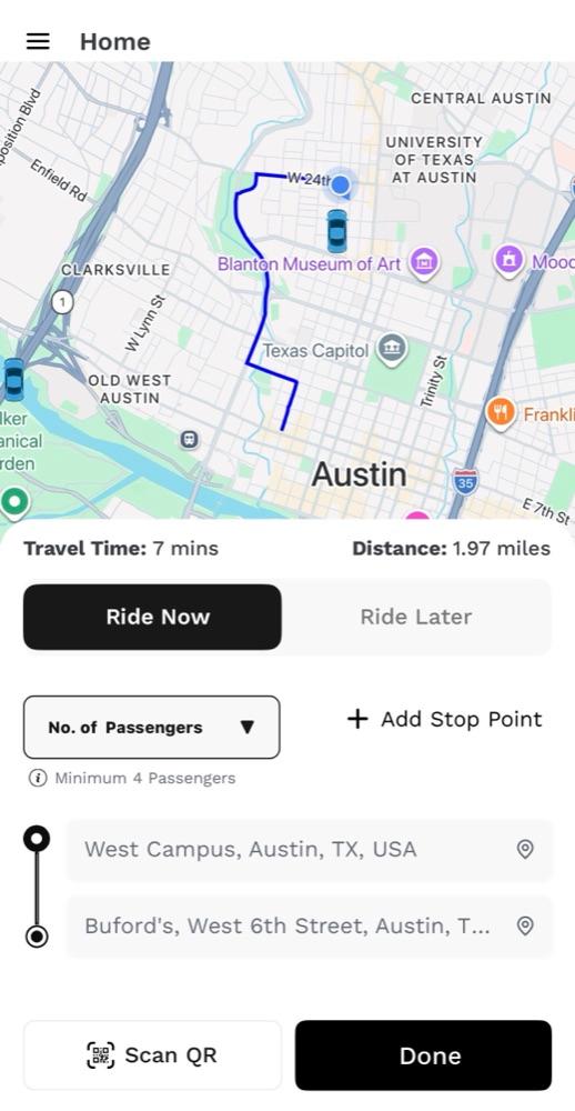 AUX app showing live route, travel time and distance